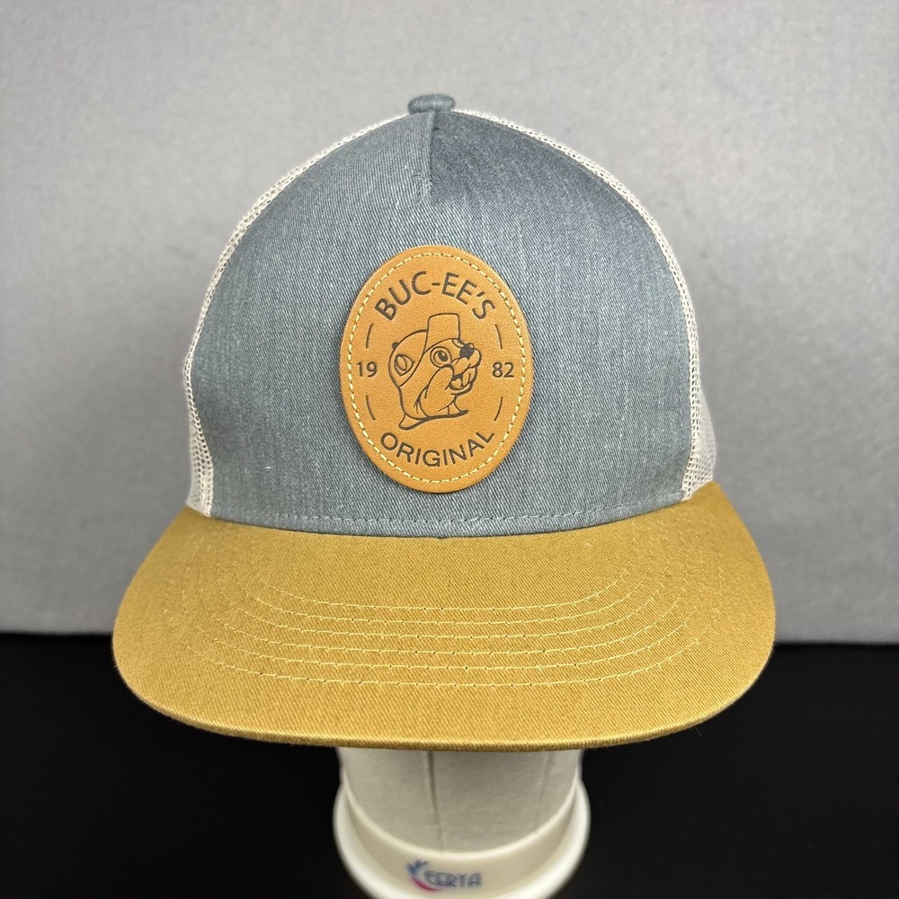 Buc-ees Beaver Original Leather Patch Snapback Trucker Hat Gray Tan Unisex OSFM